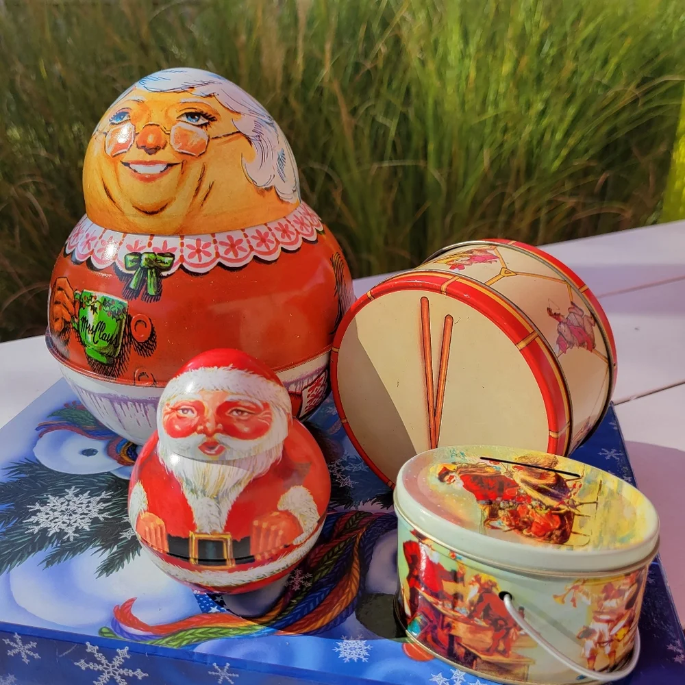 Christmas Tin Bundle ~ Shackman Co Santa, Drum, Bank & Cheinco Mrs. Claus ~Cute!